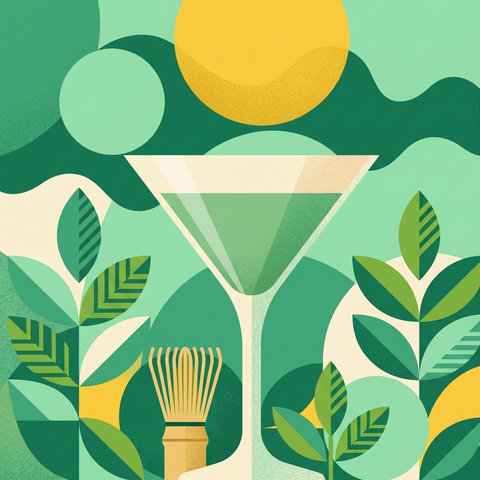 	Illustration eines cremig-grünen Matcha-Cocktails im Martiniglas mit Matcha-Besen