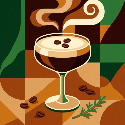 Illustration eines Espresso Martini in der Coupette mit drei Kaffeebohnen