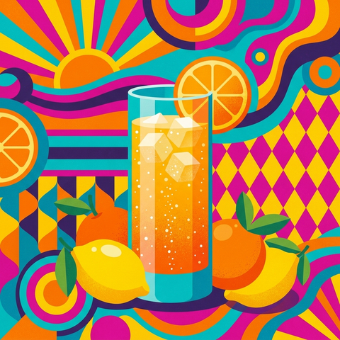 Illustration eines Longdrinks mit Zitronen- und Orangenscheiben vor buntem Karnevals-Konfetti