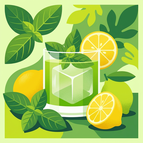 Illustration eines grünen Gin Basil Smash im Tumbler mit Basilikumblättern und Zitrone