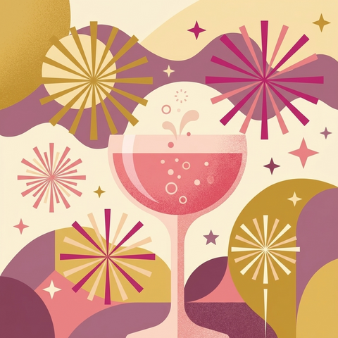 Illustration eines rosa Pink Lady Cocktails in der Coupette vor Silvester-Feuerwerk