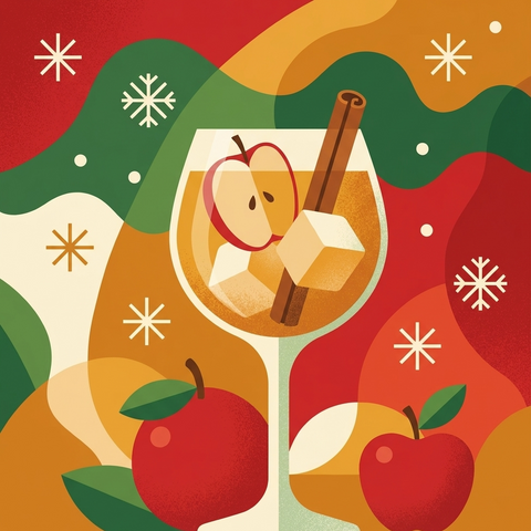 Illustration eines bernsteinfarbenen Bratapfel Spritz mit Apfelscheibe und Zimtstange