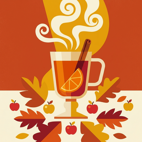 Illustration eines dampfenden Glases Orancello Hot Punch mit Orangenscheibe und Zimtstange