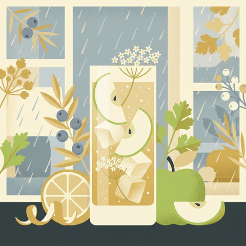 Illustration eines Apfel-Holunderblüten Collins im Longdrinkglas mit Apfelscheibe und Holunderblüten