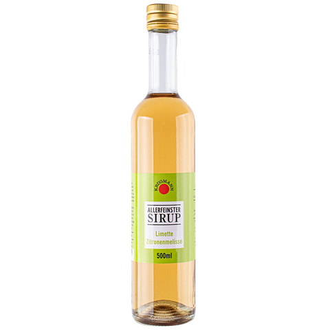 Krugmann Allerfeinster Sirup Limette-Zitronenmelisse in 500-ml-Glasflasche mit grünem Etikett